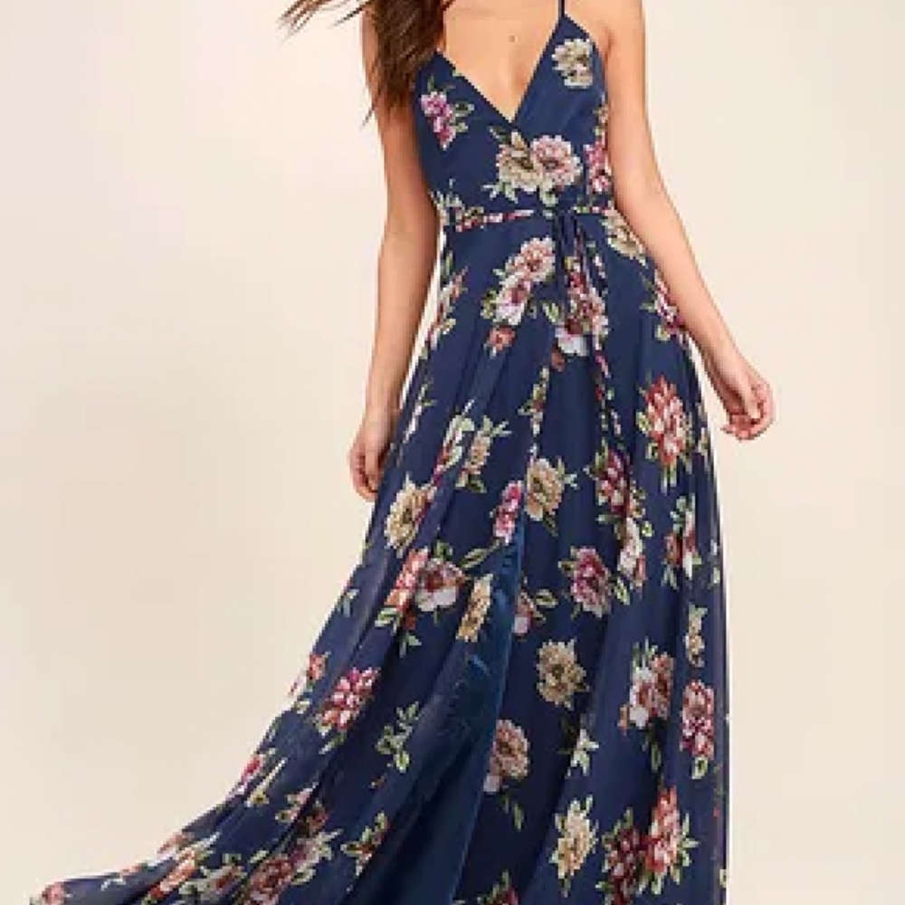 Navy Blue Floral Print Wrap Maxi Dress
